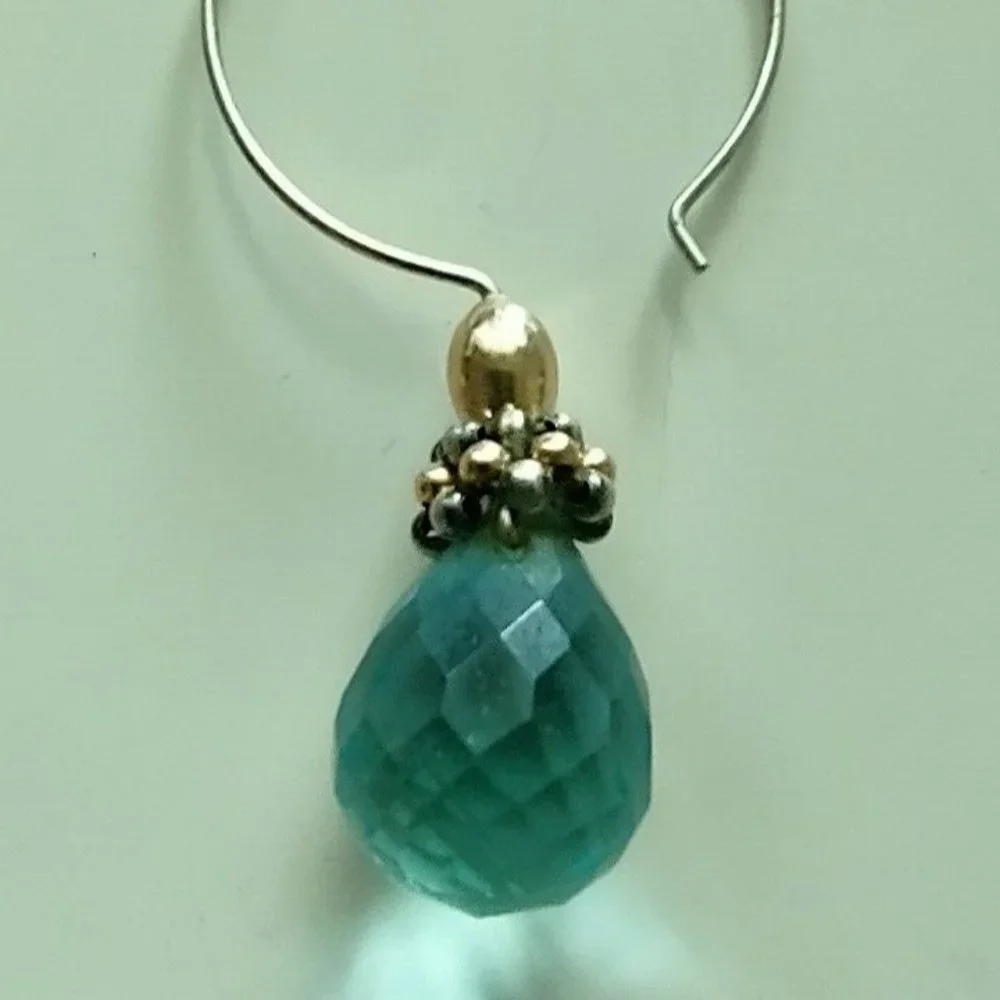 Teardrop Cut Aqua Glass Silver Hoop Dangle Earrings Approximately 2" tall - Picture 5 of 7